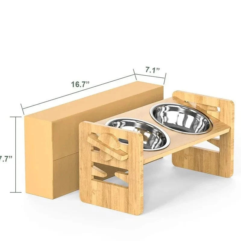 TechnuPet Raised Dog Bowls 1PC Bamboo Adjustable Raised Dog Bowls