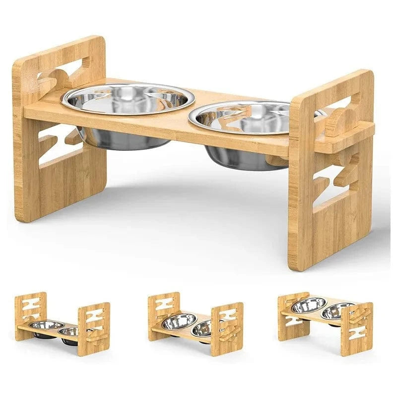 TechnuPet Raised Dog Bowls 1PC Bamboo Adjustable Raised Dog Bowls