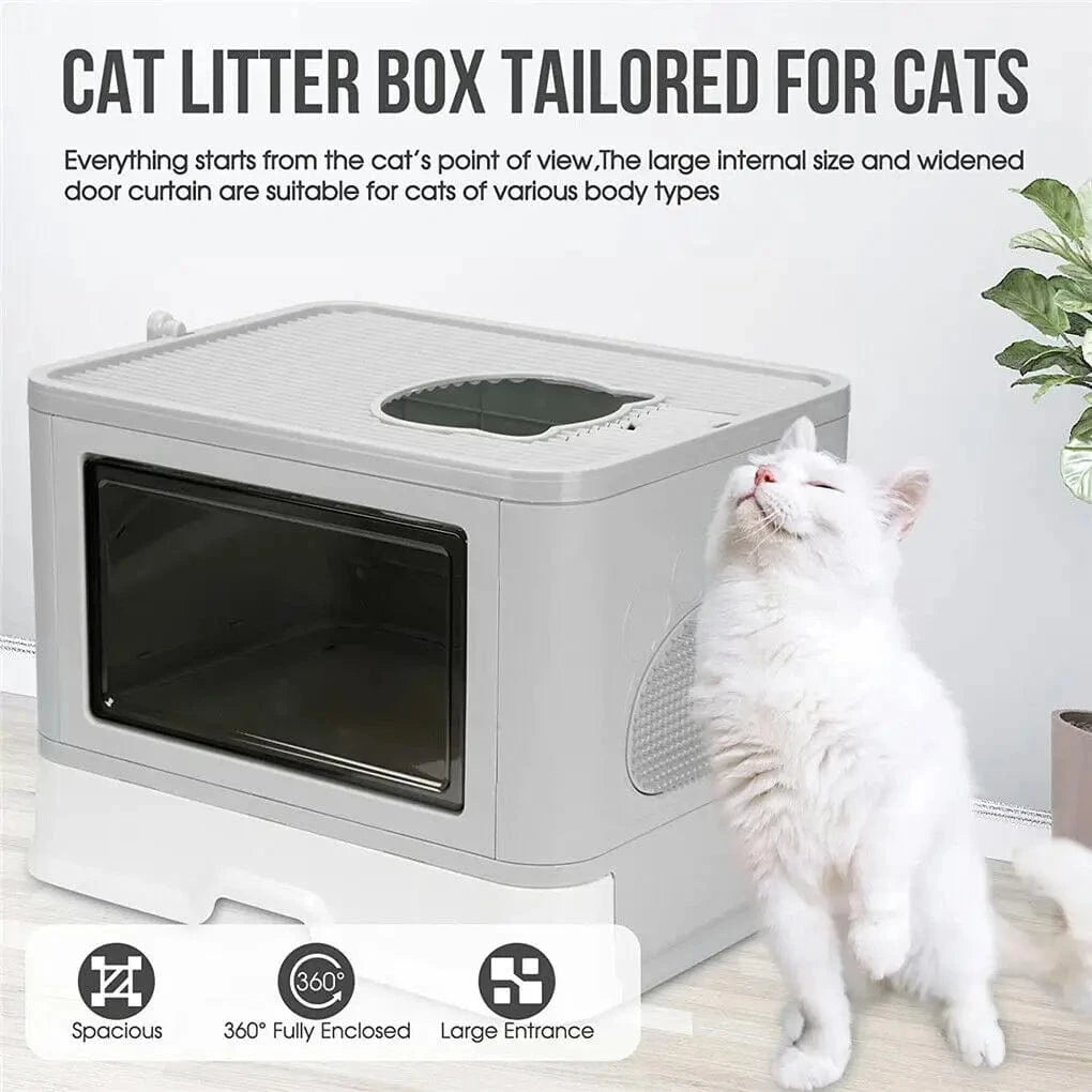 TechnuPet Smart Cat Litter Foldable Front-Entry/Top-Exit Enclosed Cat Litter Box with Massage Scoop
