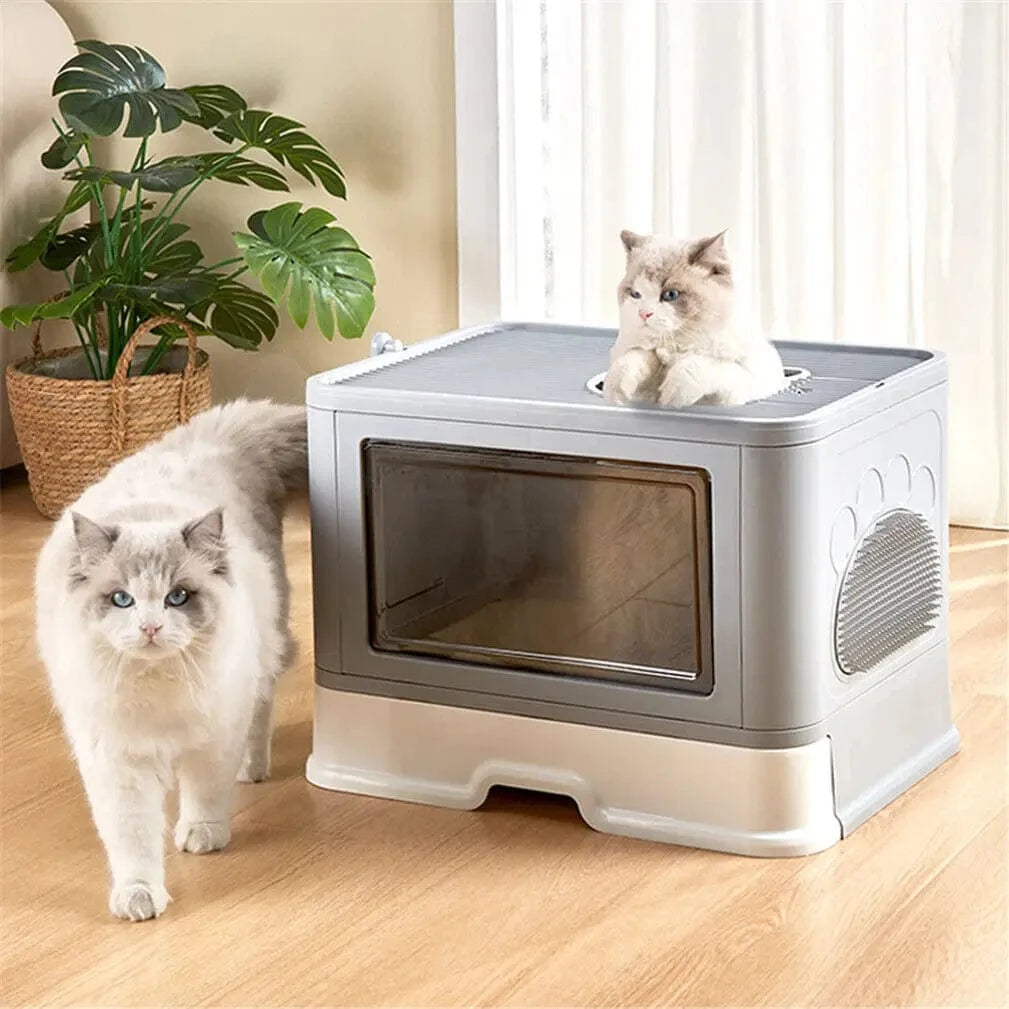 TechnuPet Smart Cat Litter Foldable Front-Entry/Top-Exit Enclosed Cat Litter Box with Massage Scoop