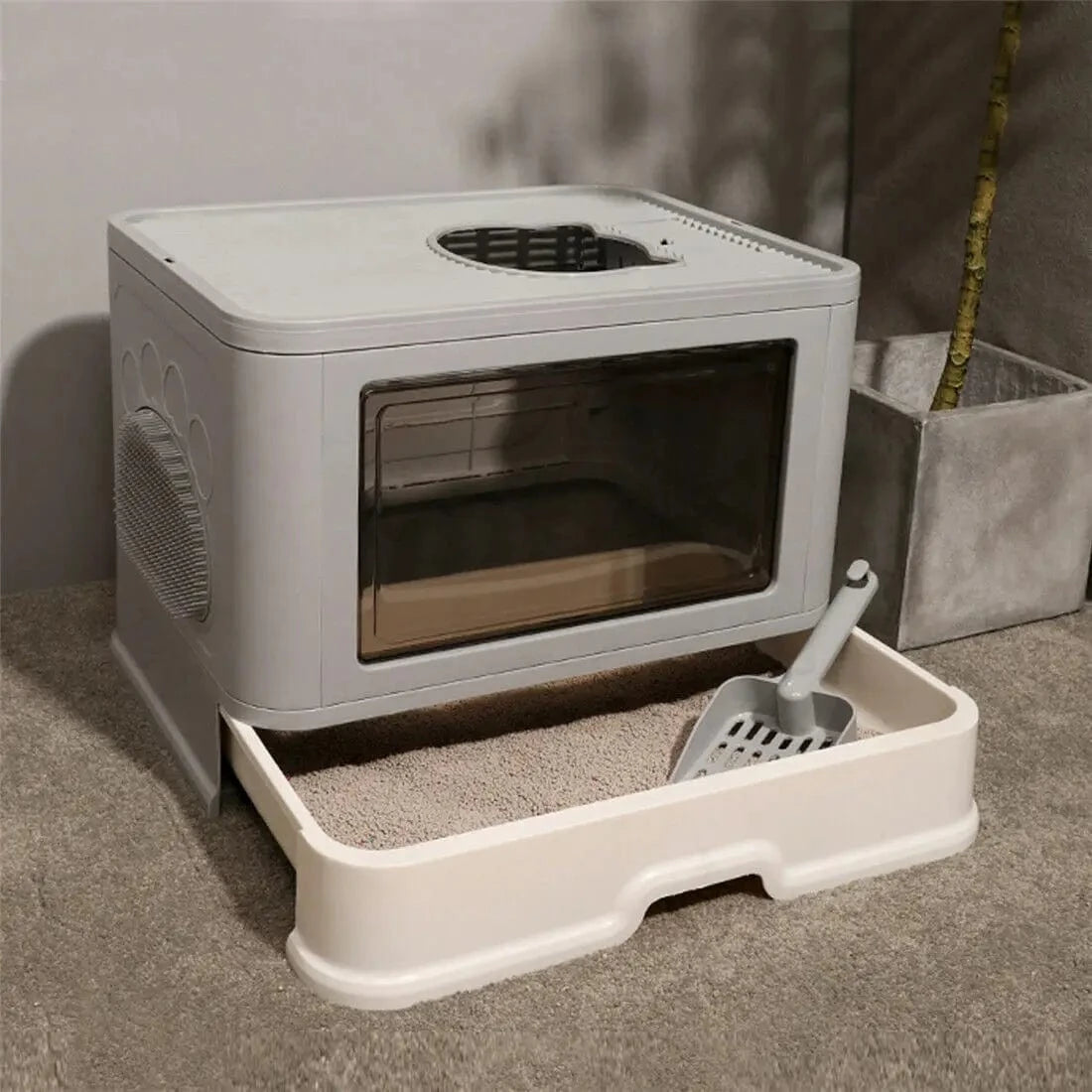 TechnuPet Smart Cat Litter Foldable Front-Entry/Top-Exit Enclosed Cat Litter Box with Massage Scoop