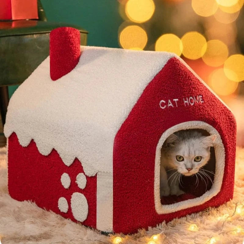 TechnuPet Cat Houses Foldable Warm Christmas Cat House Nest