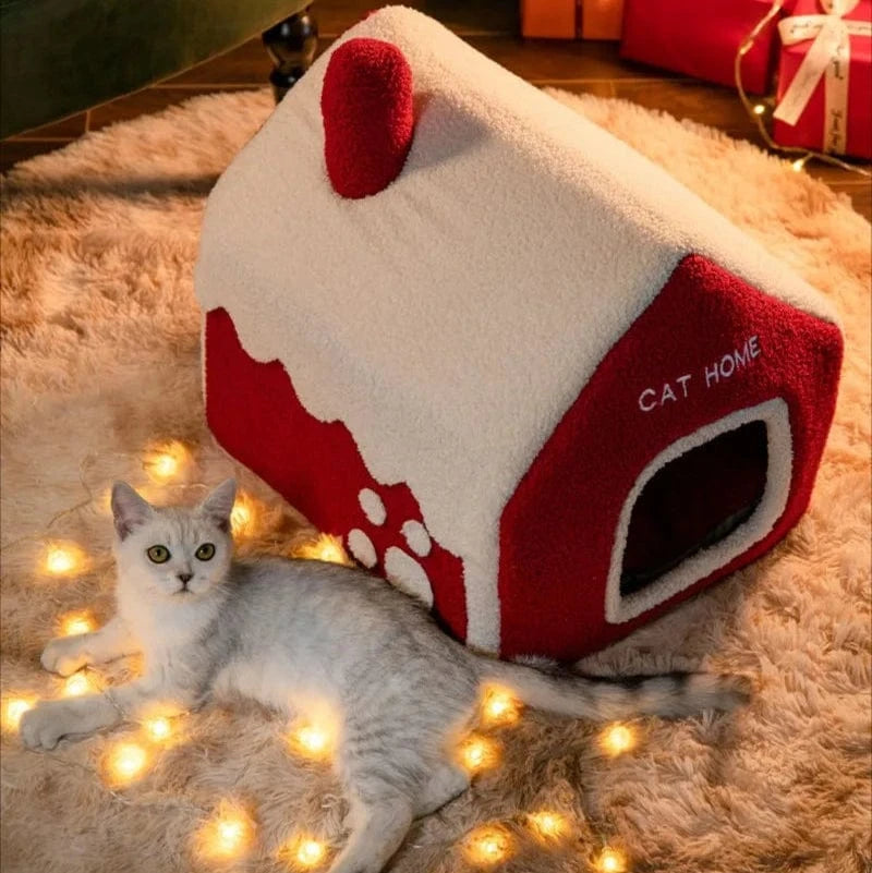 TechnuPet Cat Houses Foldable Warm Christmas Cat House Nest