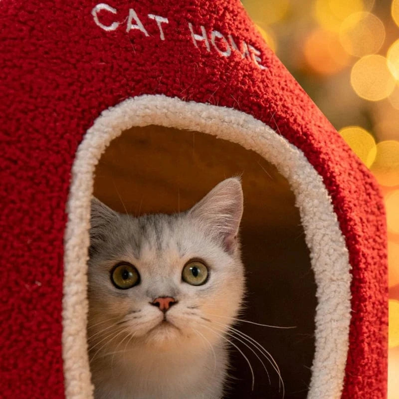 TechnuPet Cat Houses Foldable Warm Christmas Cat House Nest