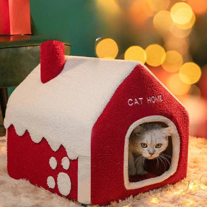 TechnuPet Cat Houses Foldable Warm Christmas Cat House Nest