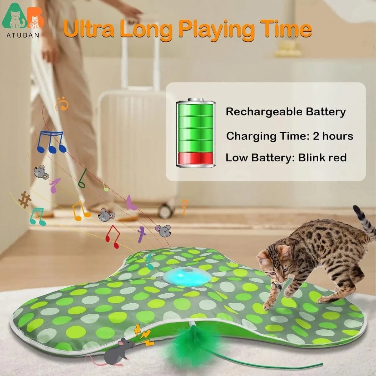 TechnuPet Smart Cat Toys green Rechargeable Interactive Cat Toy with Feather & Mouse