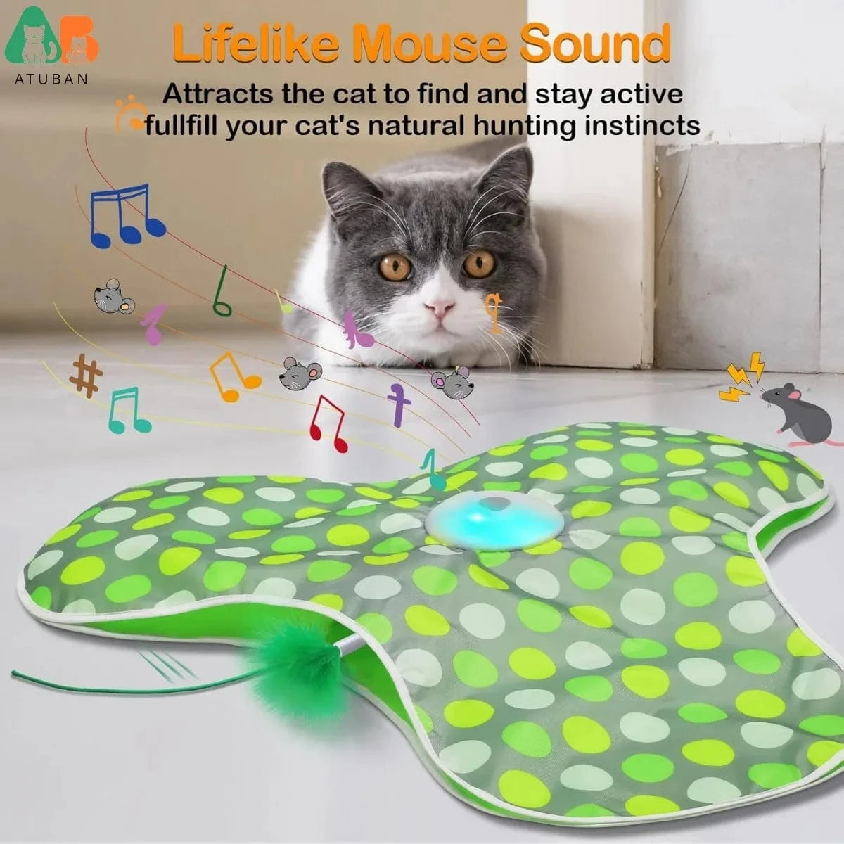 TechnuPet Smart Cat Toys green Rechargeable Interactive Cat Toy with Feather & Mouse