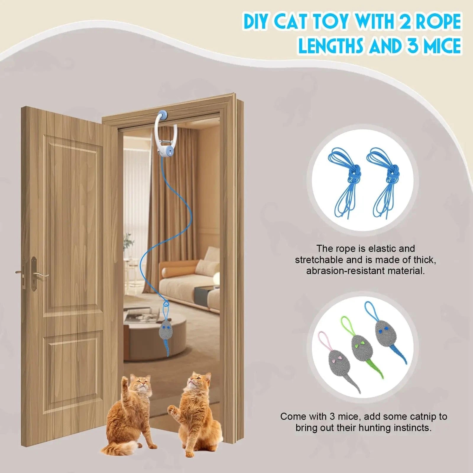 TechnuPet Cat Toys White Retractable Hanging Cat Toy with Catnip Mice