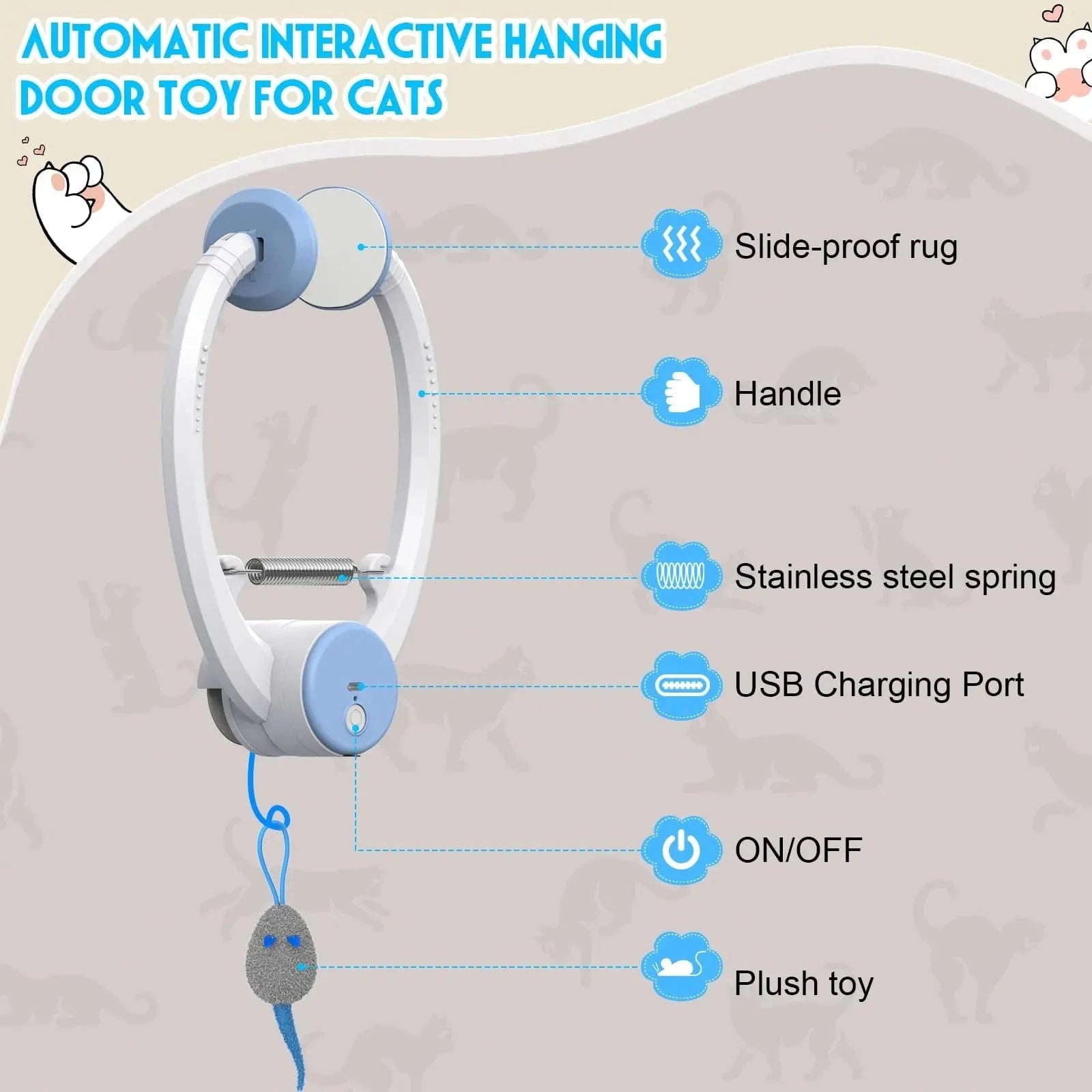 TechnuPet Cat Toys White Retractable Hanging Cat Toy with Catnip Mice