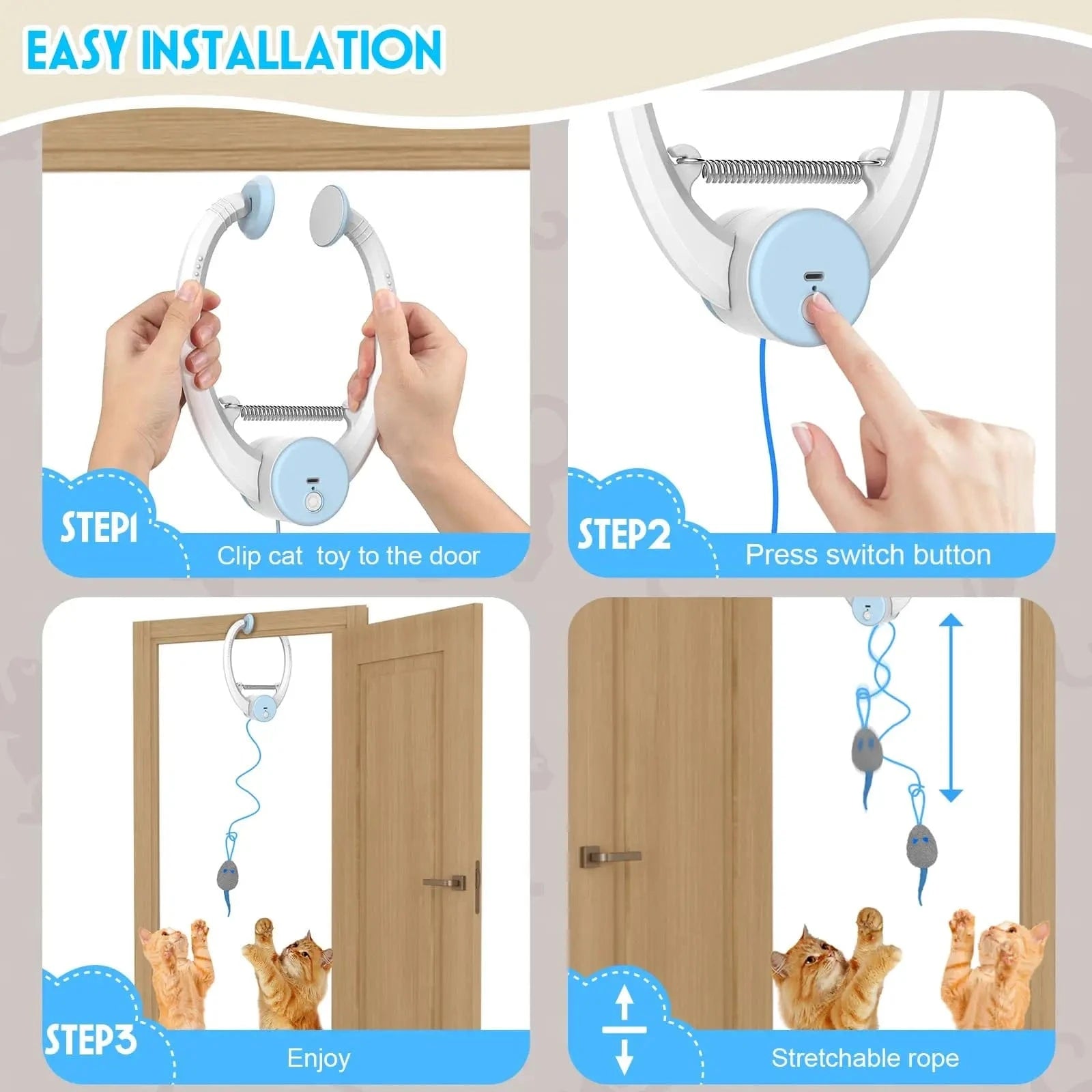 TechnuPet Cat Toys White Retractable Hanging Cat Toy with Catnip Mice