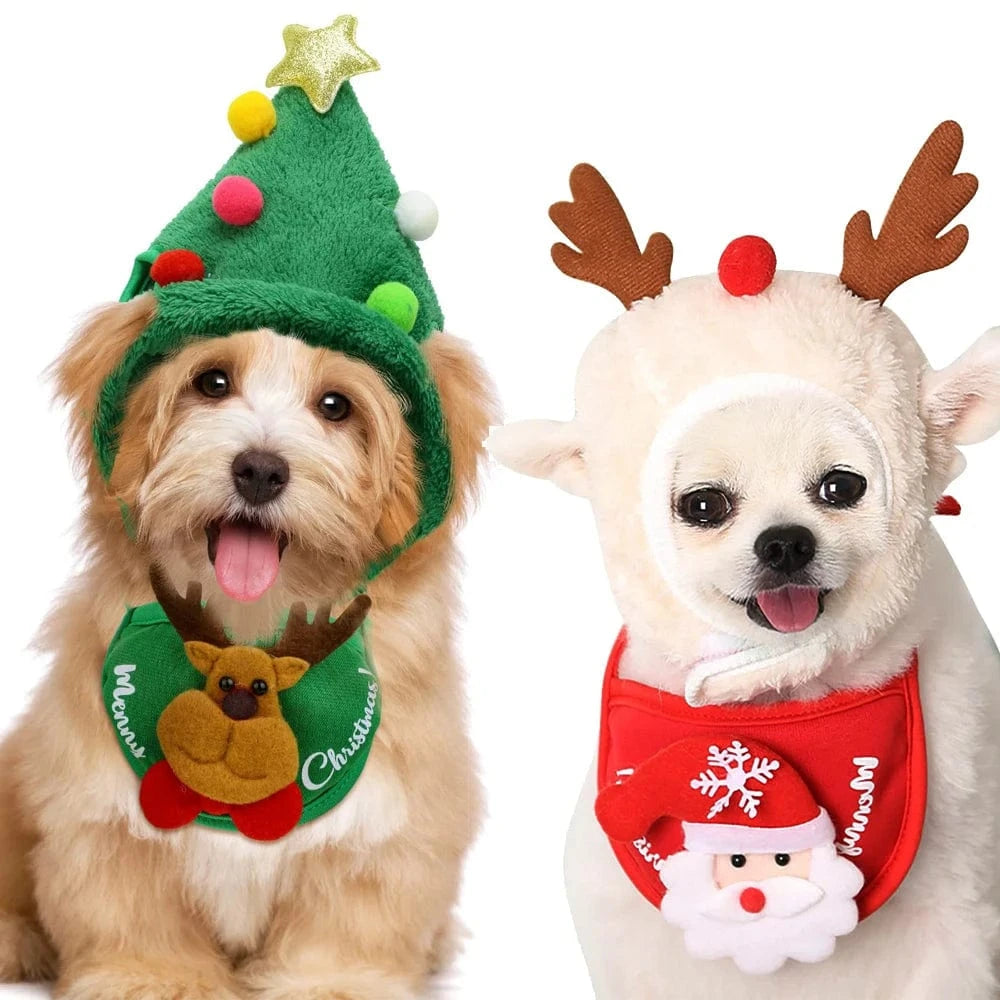 TechnuPet Dog Christmas Outfit Christmas Reindeer Pet Hat and Scarf Set