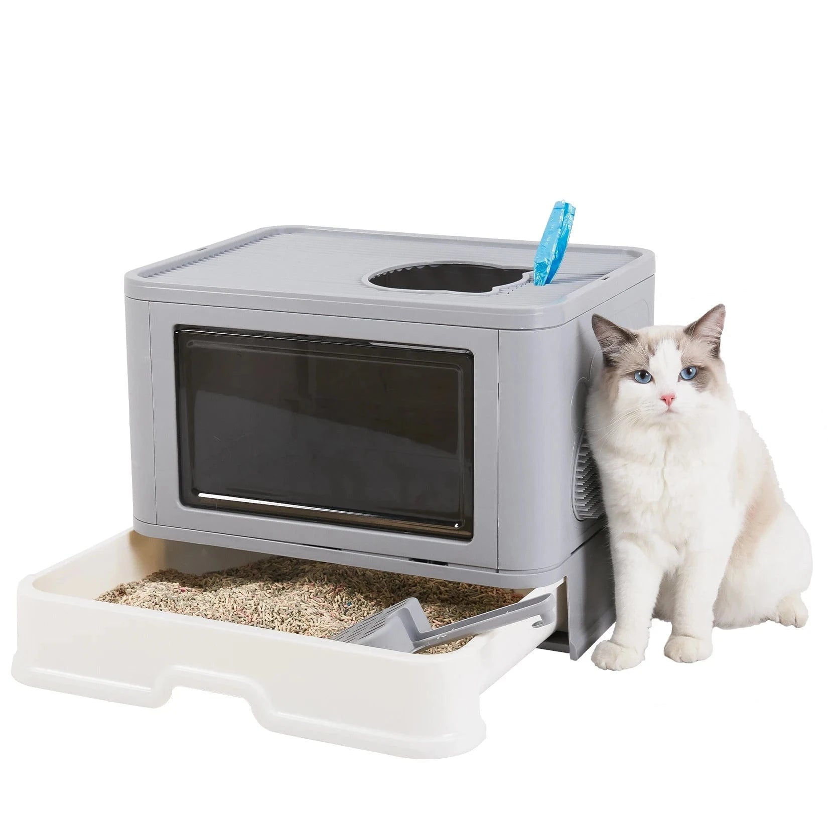 TechnuPet Smart Cat Litter Grey / United States Foldable Front-Entry/Top-Exit Enclosed Cat Litter Box with Massage Scoop