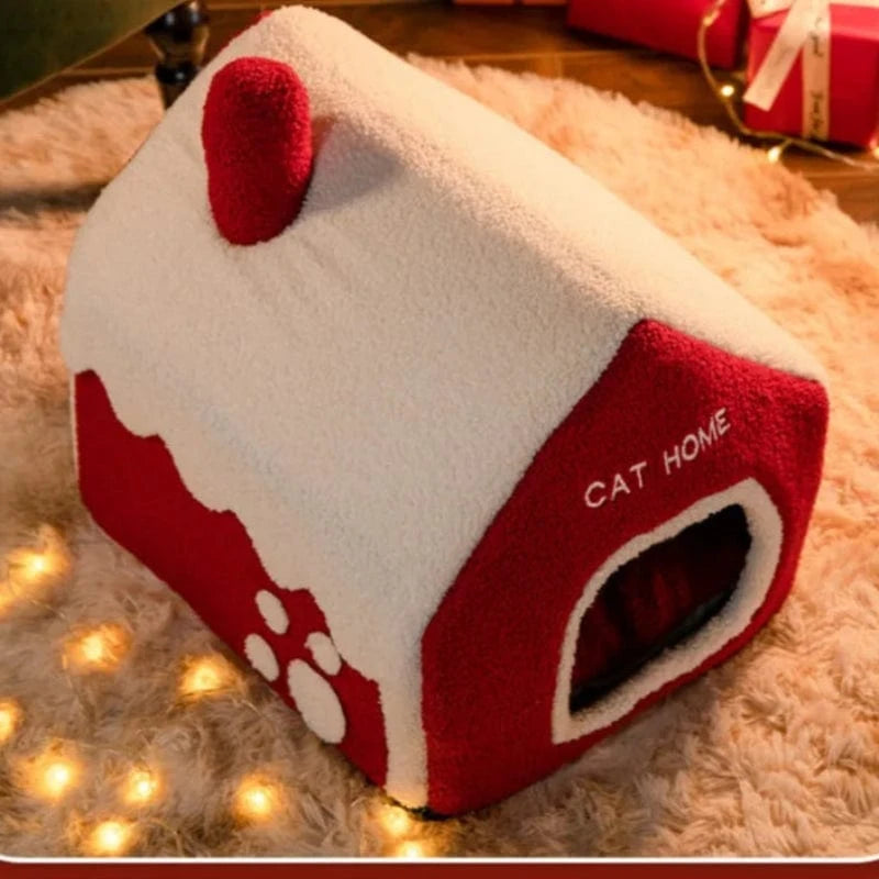 TechnuPet Cat Houses Foldable Warm Christmas Cat House Nest