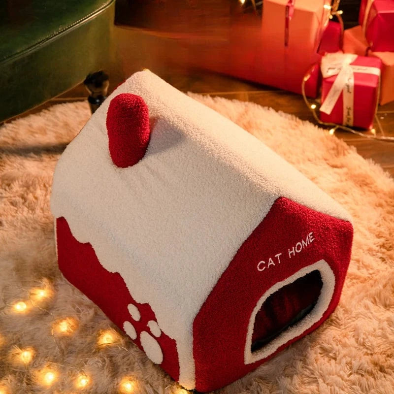 TechnuPet Cat Houses Foldable Warm Christmas Cat House Nest