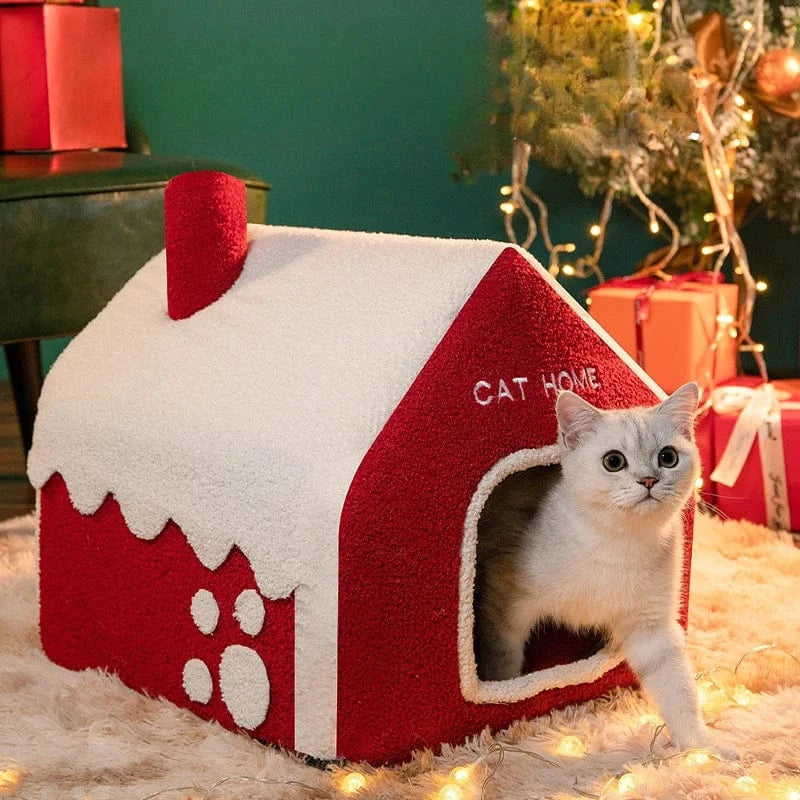 TechnuPet Cat Houses Foldable Warm Christmas Cat House Nest